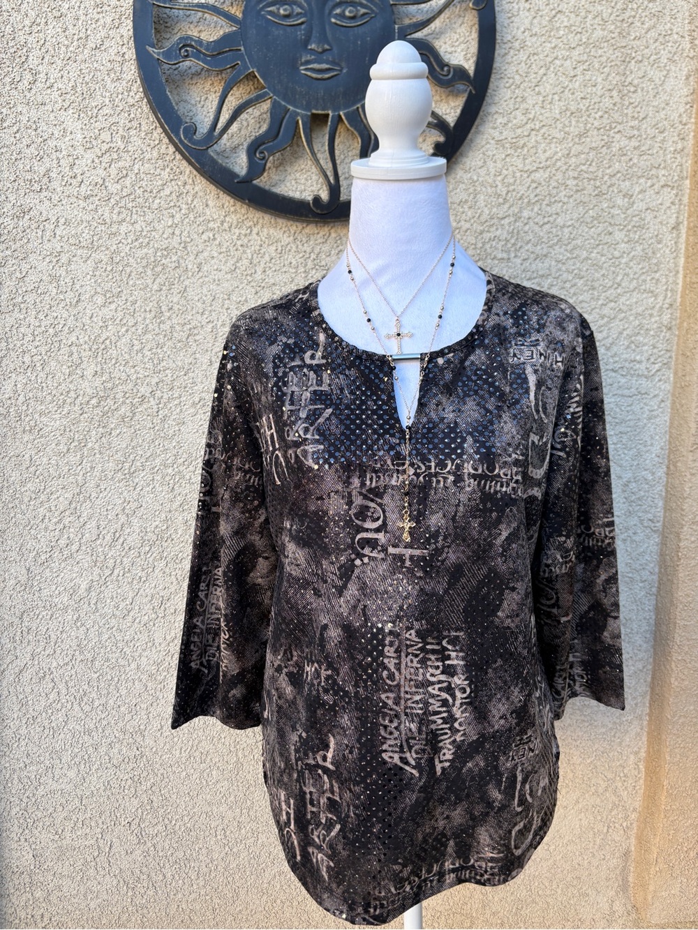 Draper’s & Damon’s Y2K Black Glitter Abstract Tunic Top Quarter Sleeve Grunge